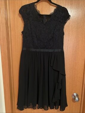 Women's Black Lace Midi Dress with Ruffle Skirt